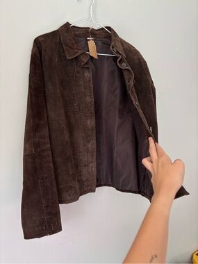 Y2K Boho Chocolate Brown Leather Button Up Preppy Streetwear Suede Jacket - XL